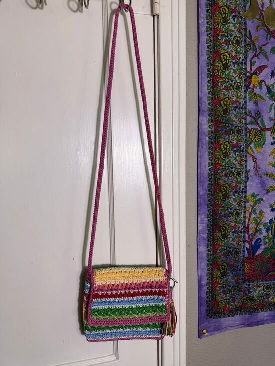 The Sak Handbags - The Sak Crochet Crossbody Bag Multicolor Striped Boho Pink Tassel Small Purse
